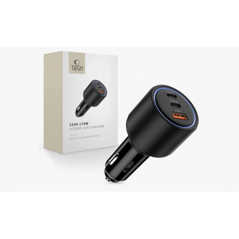 Automobilinis įkroviklis 12-24V 2xUSB C + USB 175W juodas Tech-Protect CC04